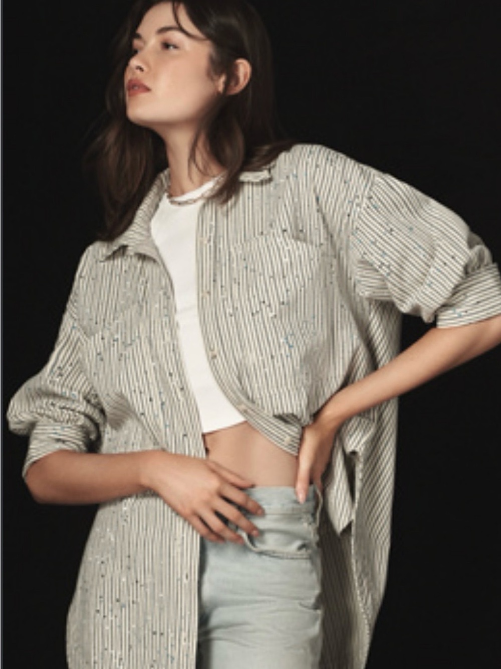 Pilcro Smock Striped Oversized Button-Down Shirt With Paint Spatter Design